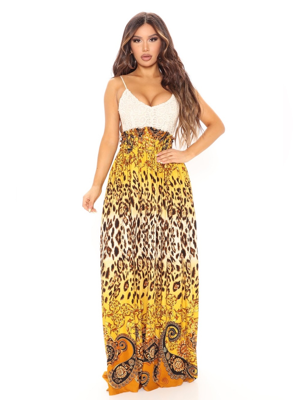 Fashion Nova Yellow and Cream Leopard Print Maxi Dress